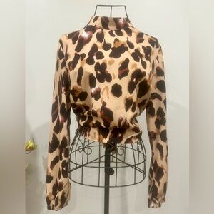SHEIN Leopard Satin Tie-Front Blouse | Mock Neck Wrap Top (S)